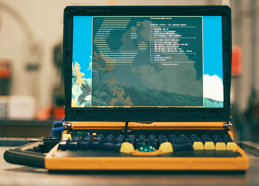 Самодельный компьютер Slurptop с жёлтым корпусом, трекболом и механической клавиатурой