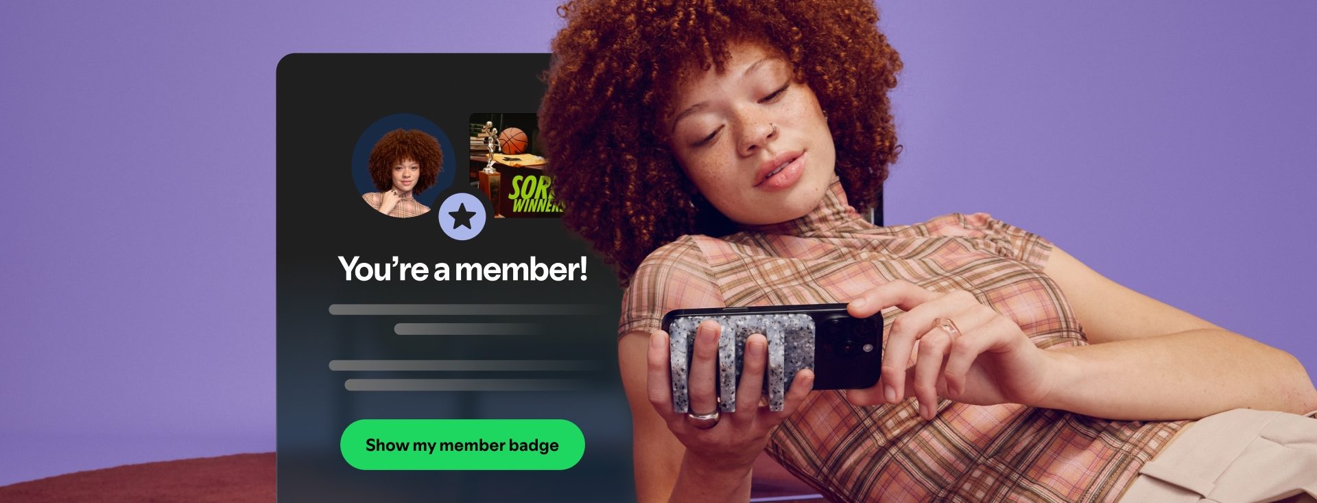 Промоиллюстрация Spotify Memberships с экраном участника платного клуба